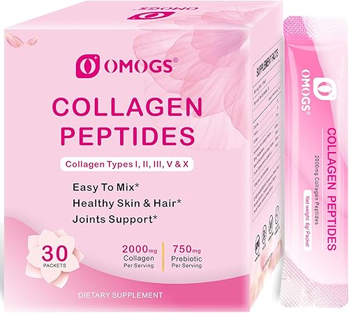 OMOGS Péptidos de colágeno en polvo, con prebióticos y extracto de arándano, péptidos de colágeno hidrolizados que apoyan la salud del cabello, la