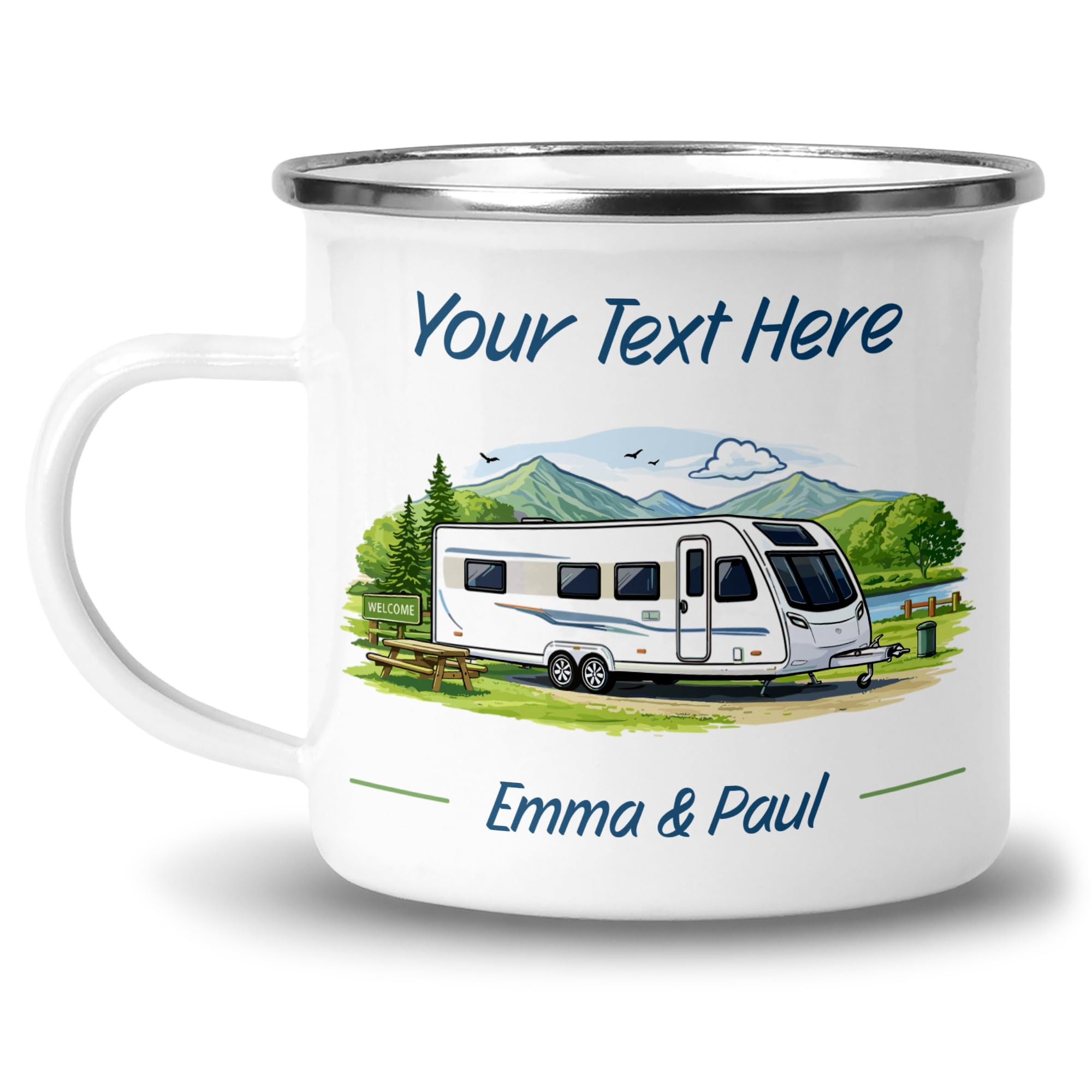 Chicken Craft Personalised Caravan Enamel Mug with Name - Twin Axle Custom Colour Design - Camping Gift
