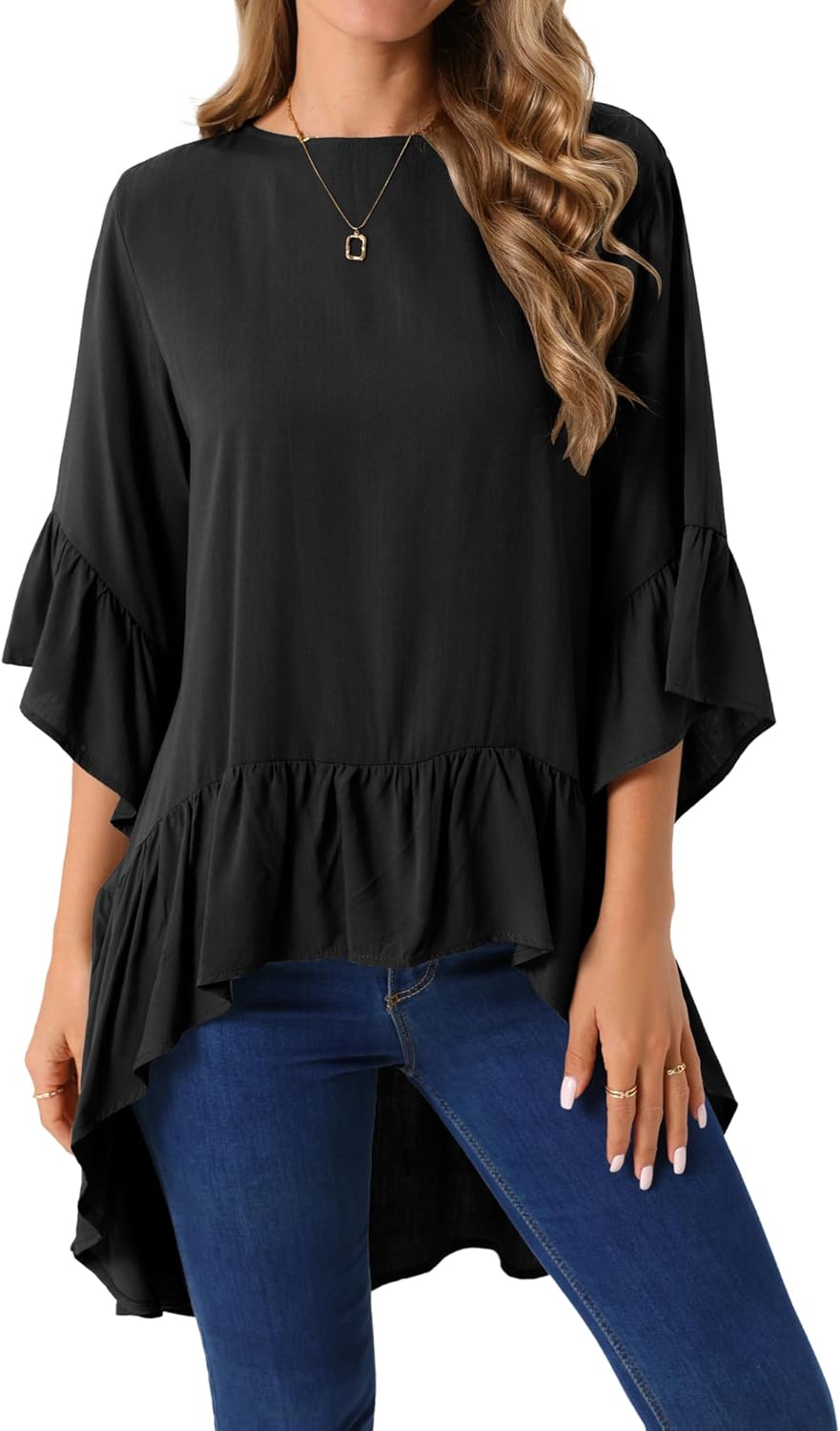 Seta T Women's High Low Tops Bell 3/4 Sleeve Crewneck Casual Ruffle Asymmetrical Hem Loose Fit Blouse