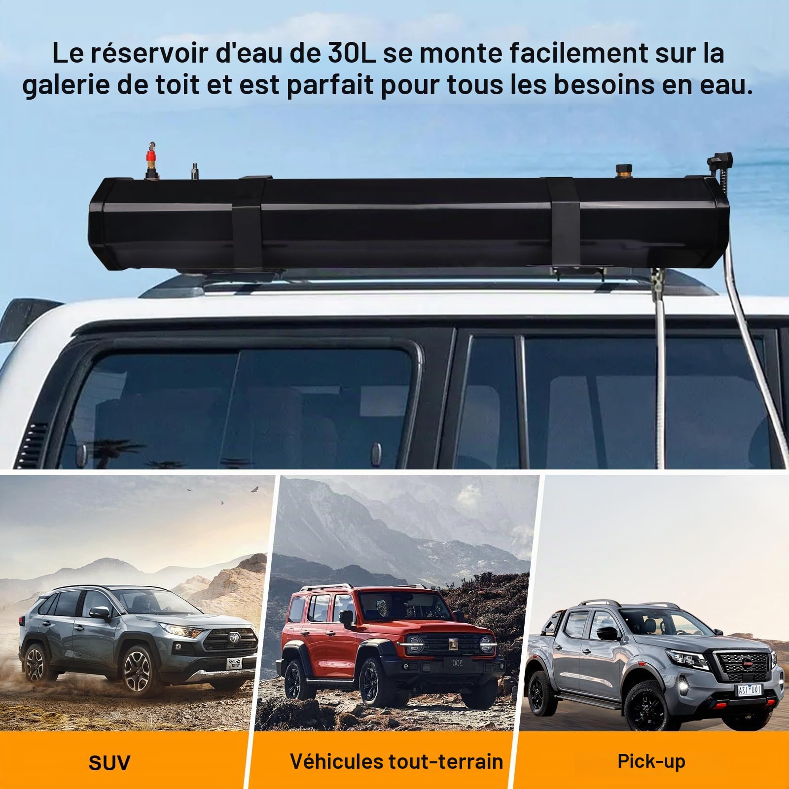 Douche Solaire 30L Premium pour SUV, Douche Camping avec Chauffage solaire, Douche Solaire Exterieure avec Pompe à Pression, Fixation porte-bagages Voiture, équipement Camping Vanlife, Road trip