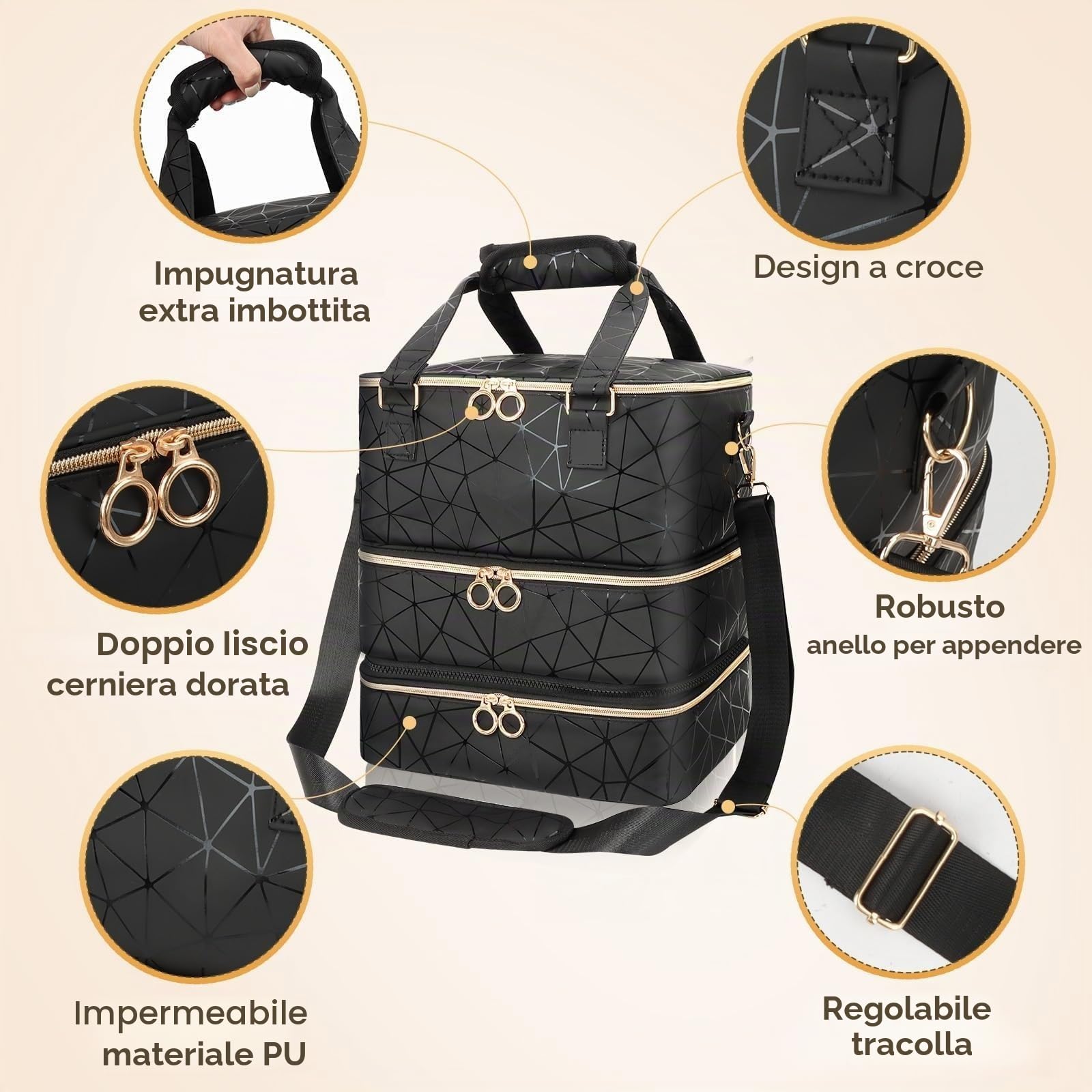 Grande borsa organizer per smalti, contiene 84 flaconi (15 ml/0,5 fl.oz) e lampada per unghie, custodia per il trasporto di smalti, kit per unghie strumenti per manicure (Nero)