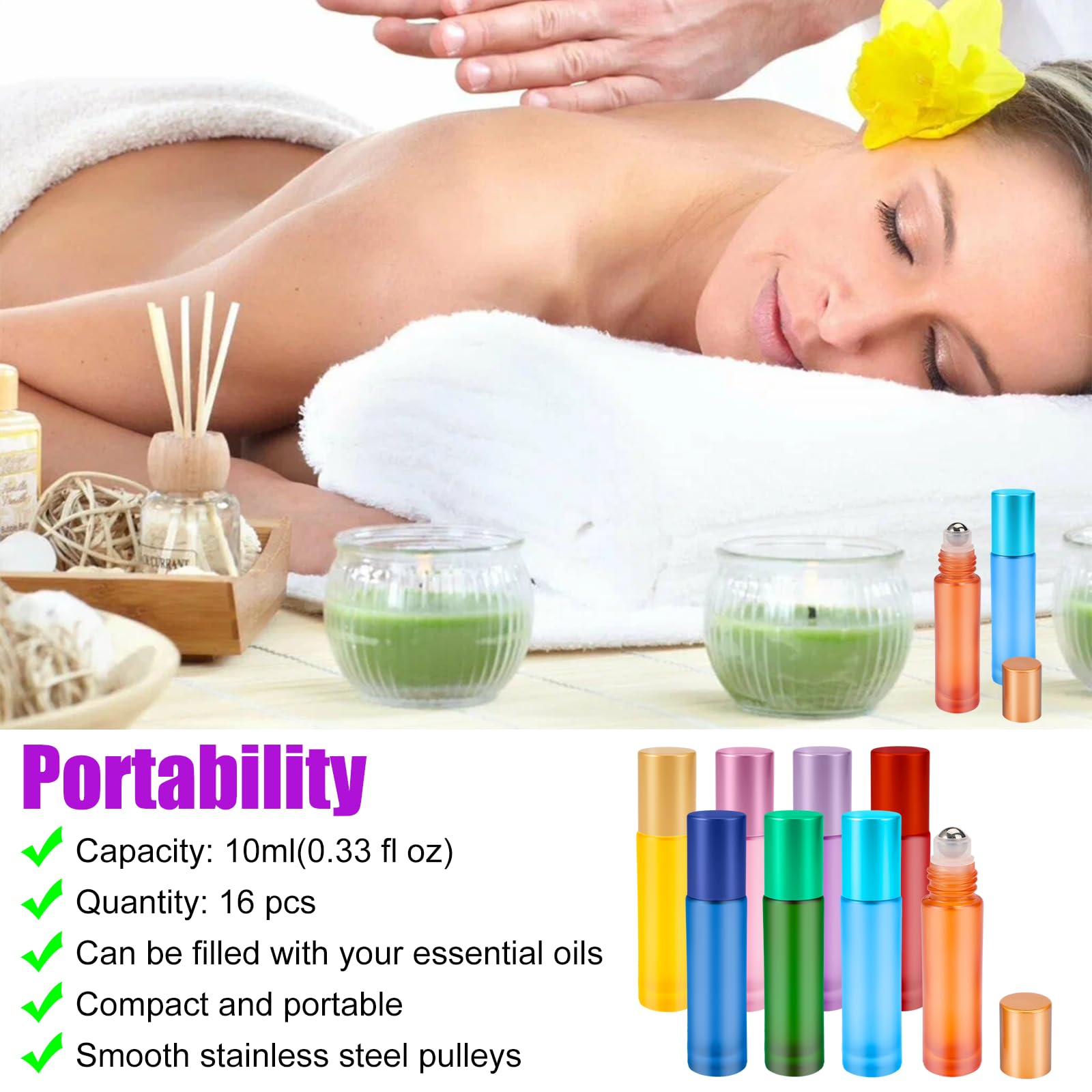 16 Piezas Roll On Aceite Esencial Cristal, 10 ml Botellas Rellenable, Botellas Aceite Esencial con Bolas de Acero Inoxidable