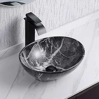 Davivy 16'' X 13.2'' Nordic Marbling Oval Vessel Sink with Pop Up Drain,Bathroom Vessel Sinks,Ceramic Vessel Sink,Bathroom Sinks Above Counter,Counter top Sink,Oval Sink Bowls for Bathroom