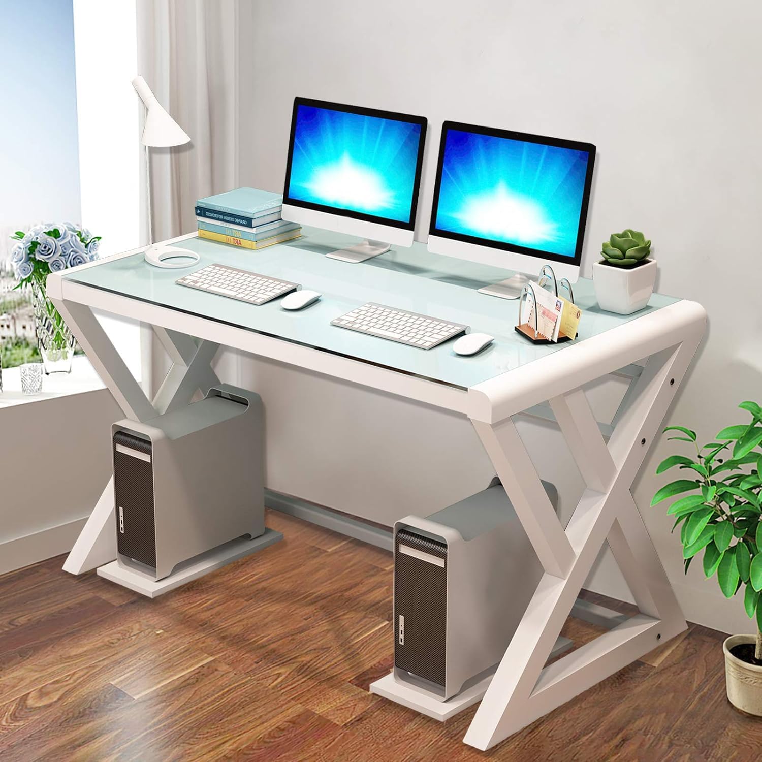 NA Tempered Glass Computer Desk with X-Shaped Metal Frame, Fashion Modern Design Writing Gaming and Study Desk, Work Desk for Home Office (White 55.1)