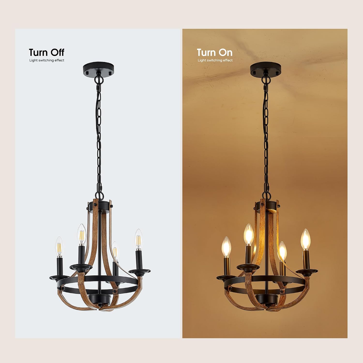 Farmhouse Chandeliers for Dining Room, 4-Light 15 inch Rustic Candle Ceiling Light Fixture, Faux Wood Texture Chandelier for Hallway Foyer Entryway Kitchen Island Bedroom