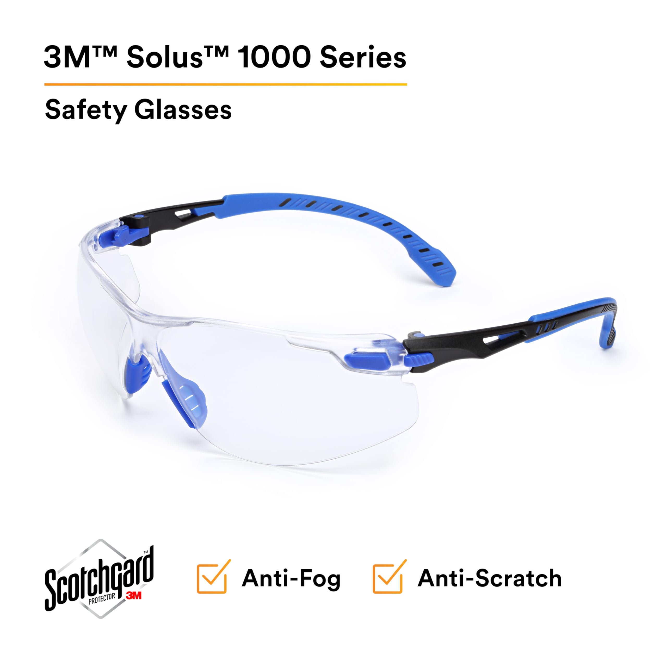 3M Solus okulary ochronne serii 1000 z przezroczystą powłoką zapobiegającą zaparowaniu Scotchgard, jeden rozmiar pasuje do większości, czarne/niebieskie od 3M