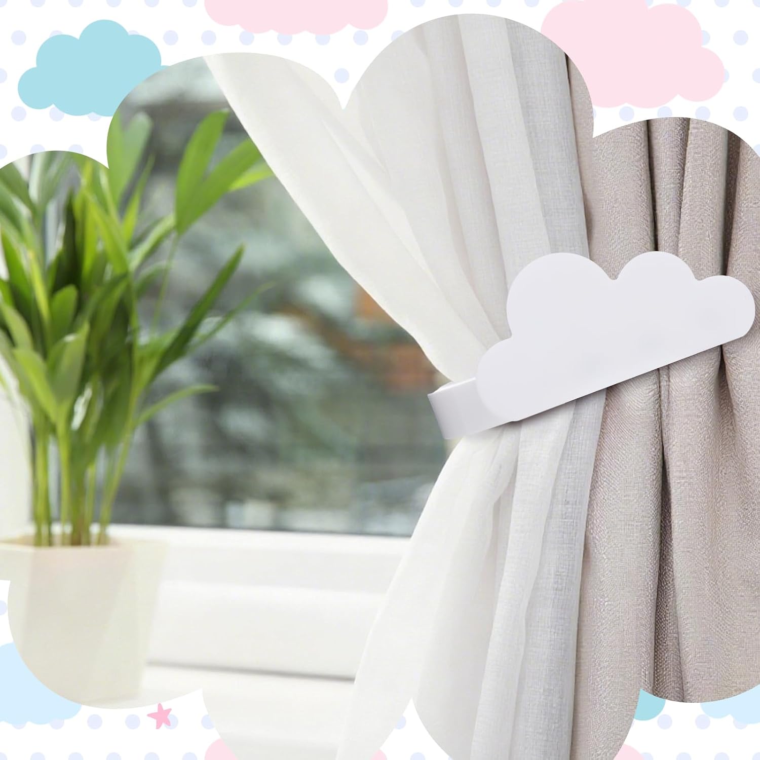 Briwooody 2 Pcs Cloud Curtain Tiebacks Acrylic Curtain Holdbacks with Screw Wall Mounted Tie Backs for Windows Home Decor