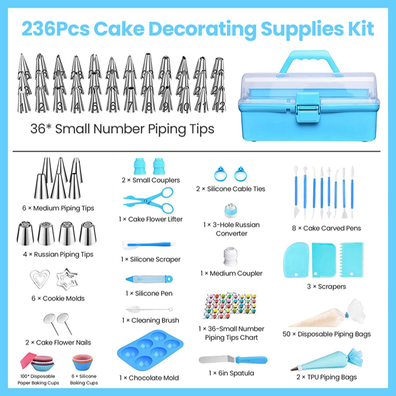 KOCASO 236-teiliges Kuchendekorationsset, Backzubehör, Kuchendekorationszubehör mit Spritztüllen, Kupplungen und Taschen, Ausstechformen und mehr, Backzubehör, Backförmchen, Schaber
