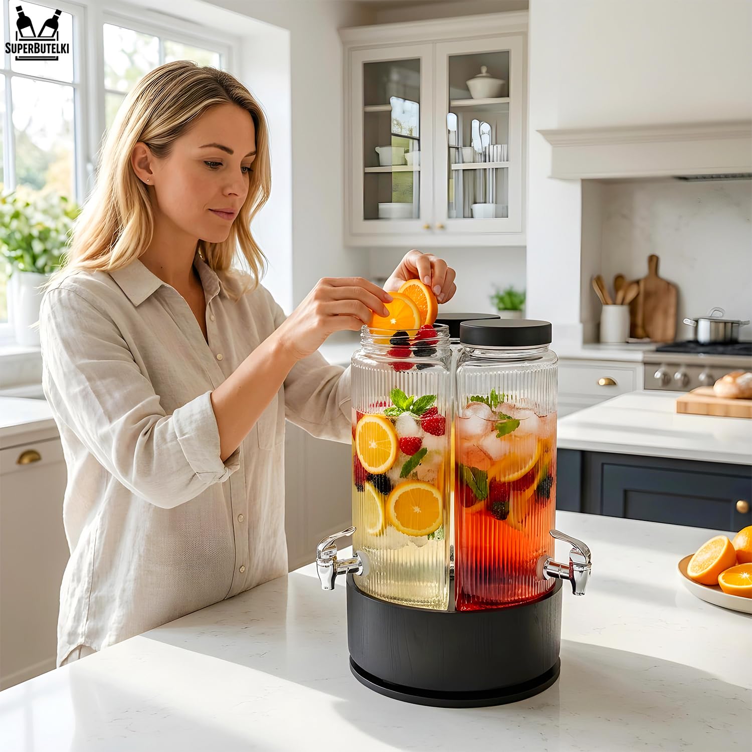 Juego de 3 dispensadores de bebidas de 3,35 L con soporte de metal y grifo (3 x 3,5 L, grifo de acero negro)
