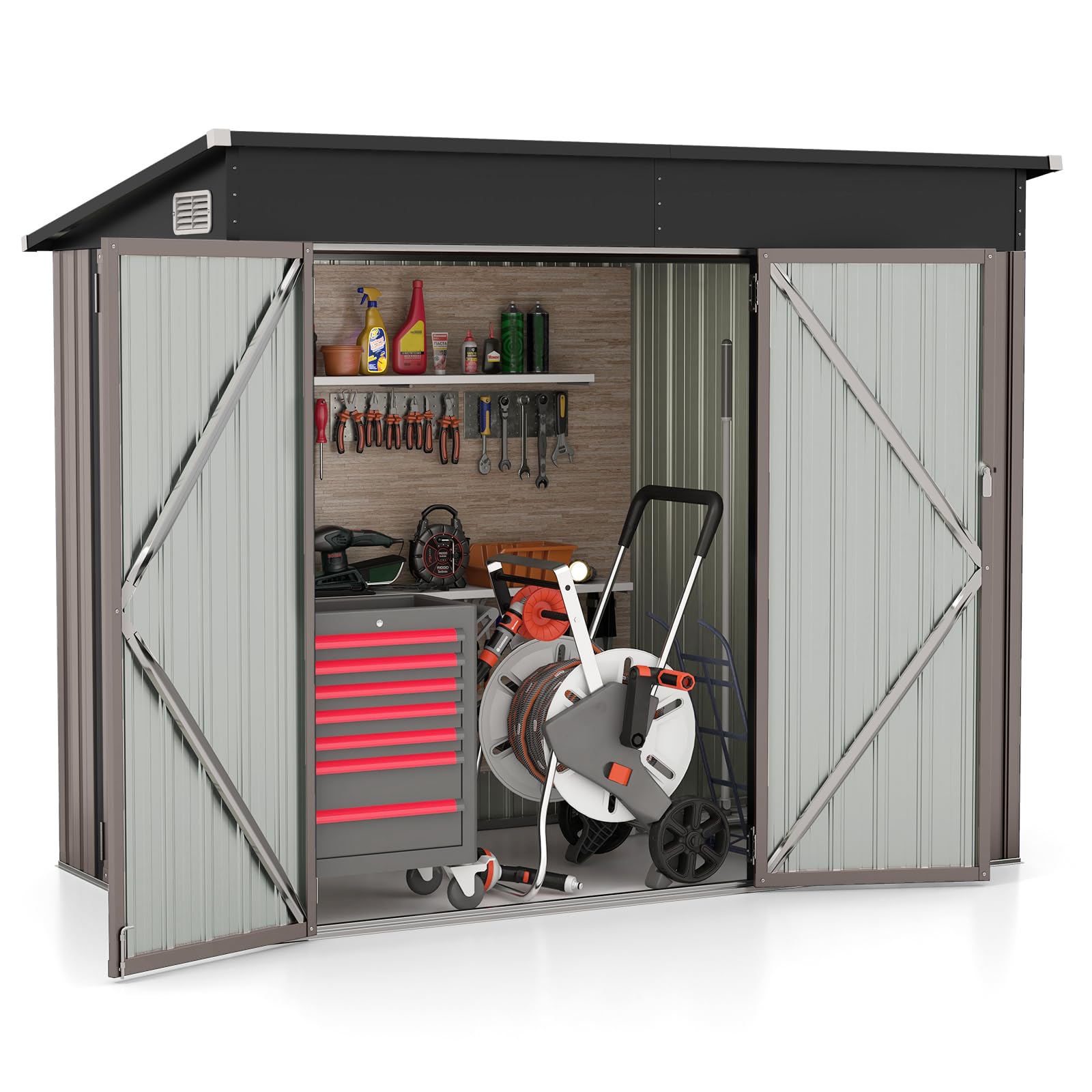 GOPLUS Cobertizo de Jardín de Metal Galvanizado con Puertas Delanteras y Laterales, Caseta de Herramientas con Techo Inclinado, Almacén Exterior para Jardín, Patio, 235x117x185 cm (Gris Cálido)