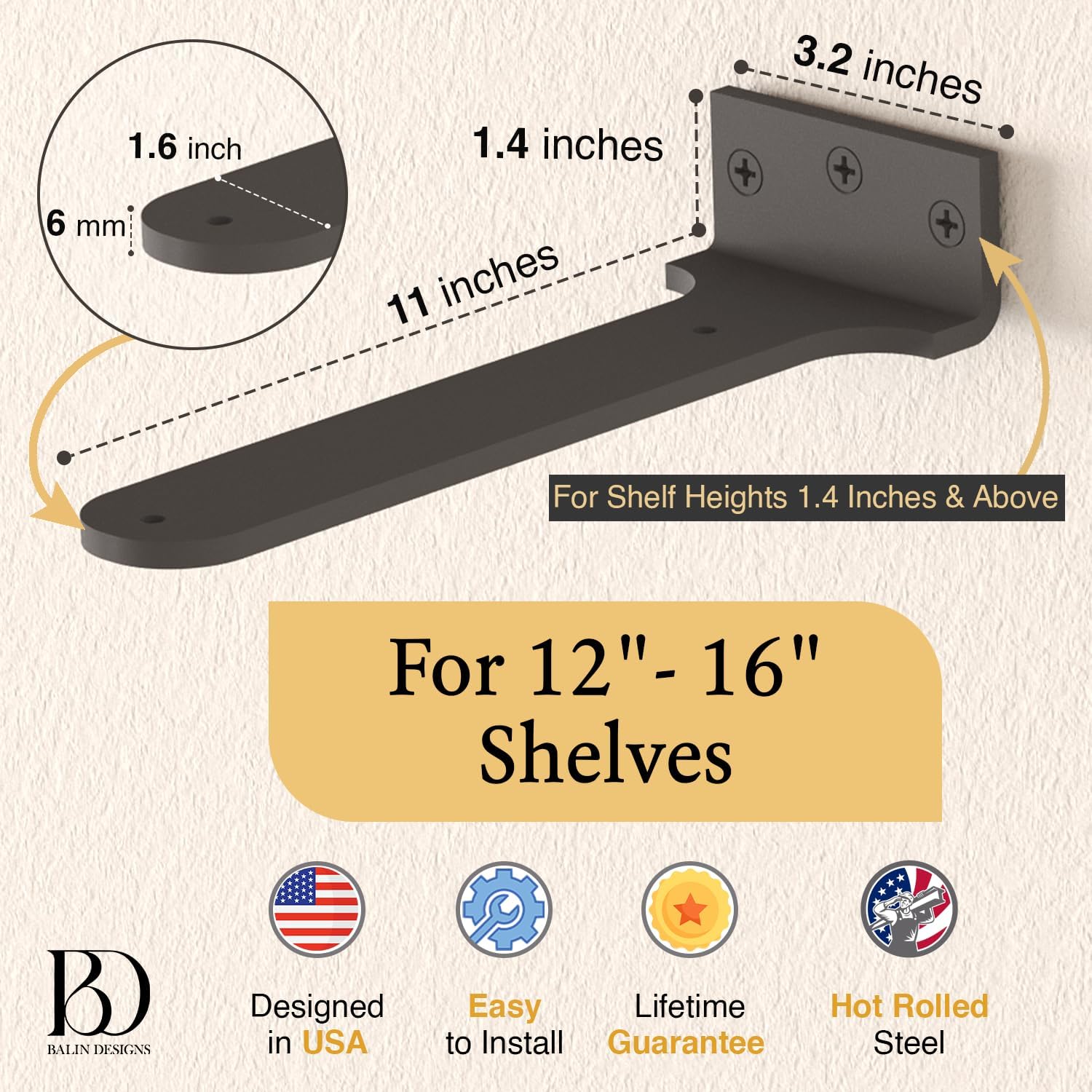 Black Floating Shelf Brackets 12 inch - Heavy Duty Industrial Shelf Bracket - l Brackets for Shelves - Free Hanging Invisible Shelves Support (Pack of 4)