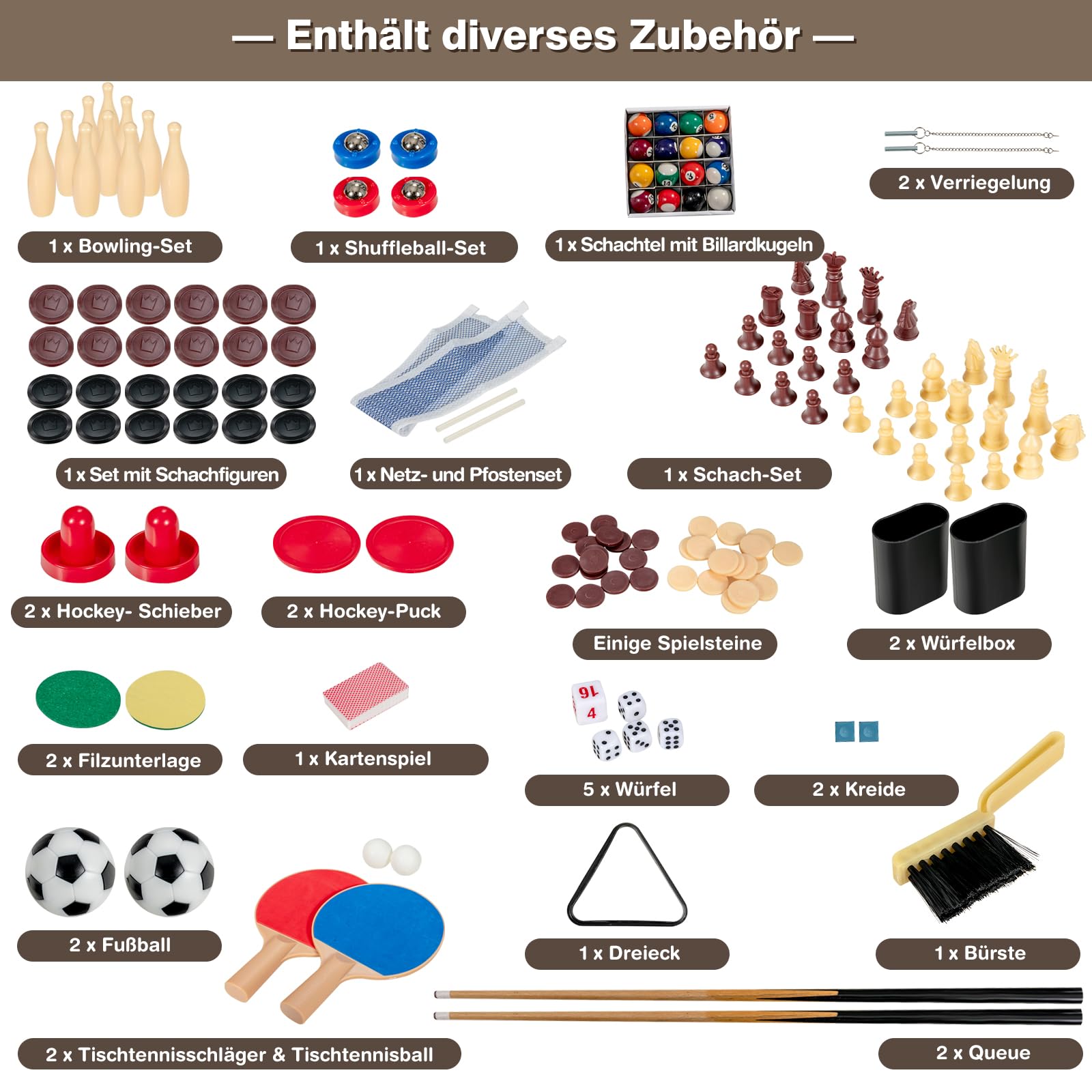 COSTWAY Wielofunkcyjny stół do gry 10 w 1, stół wielofunkcyjny z piłkarzykami, hokejem, bilardem, shuffleboardem, kręgielnią i grami planszowymi 4, drewniany stół kombi do pokoju zabaw, piłkarzyka dla