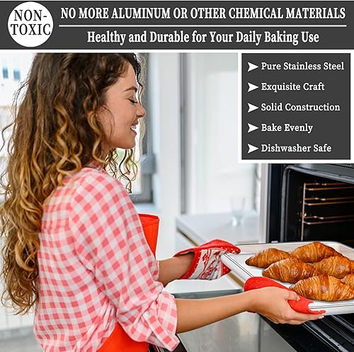 Miniatura 5 de Deedro Juego de bandejas para hornear con estante 2 hojas + 2 estantes, bandeja de horno de acero inoxidable con estante de enfriamiento, 16 x 12 x