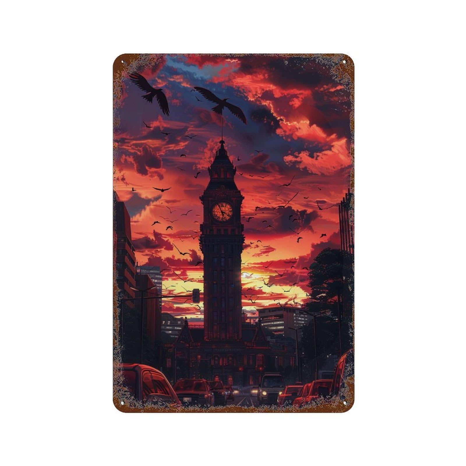 Cityscape with Clock Tower at Sunset 11.8"x7.9" Rustic Tin Plaque, Novelty Wall Decor for Bistro, Counter And Cafe Decor