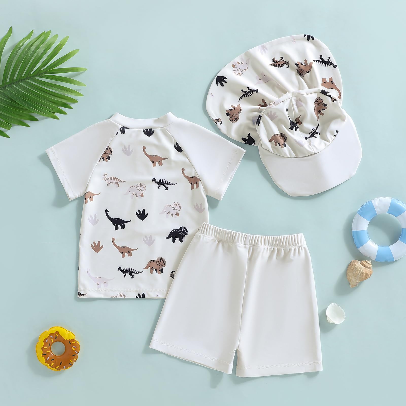 Garçon Maillot de Bain à Manches Courtes et Fermeture Eclair et Bonnet Ensemble Garçon Maillot de Bain à Manches Courtes Imprimé pour Eclair + Pantalon + Chapeau