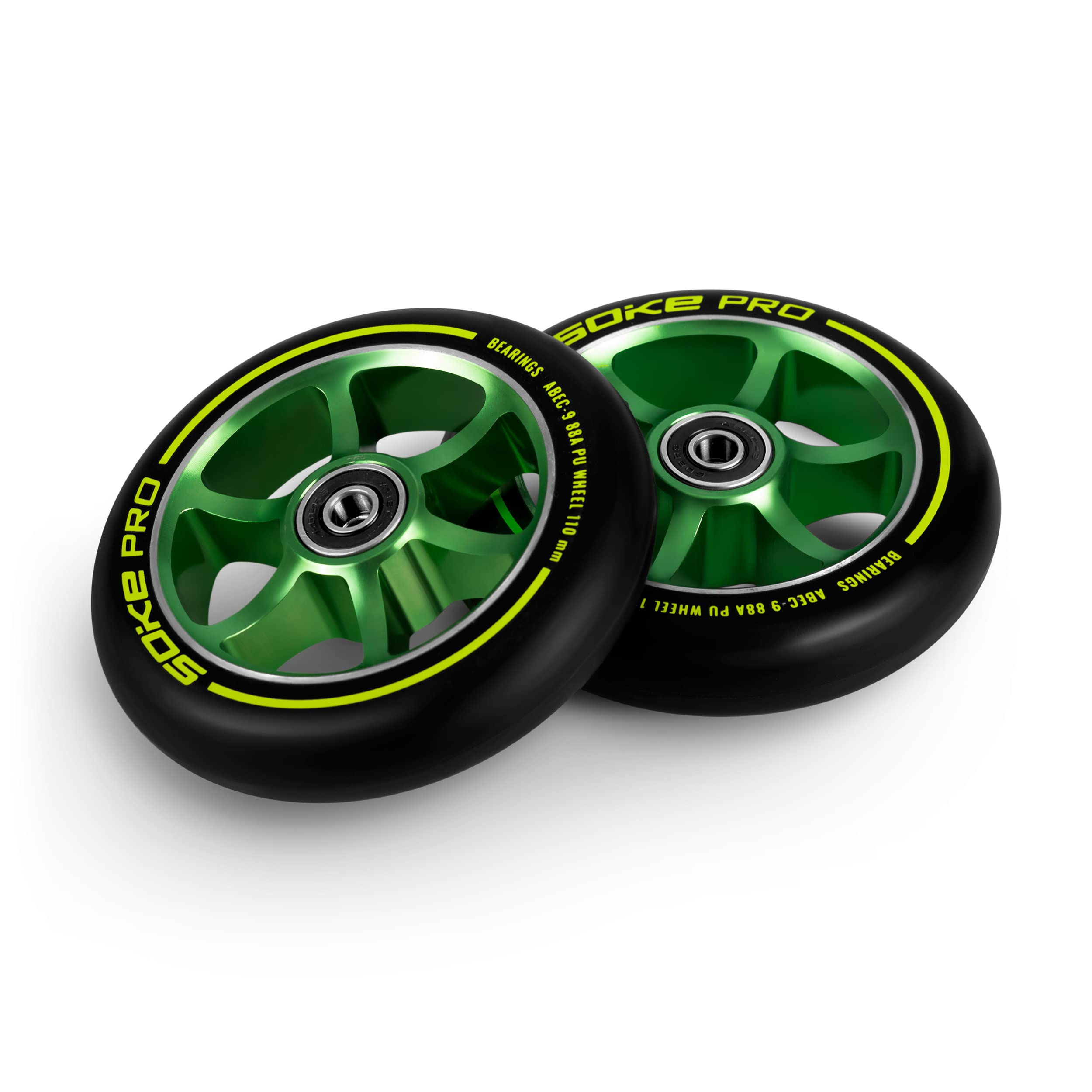 Soke roulettes pour Scooters Set 2 Pièces Diamètre 110 mm Hub 8 mm Roulements ABEC 9 Dureté 88A Aluminium et PU pour Surface Dur Vert