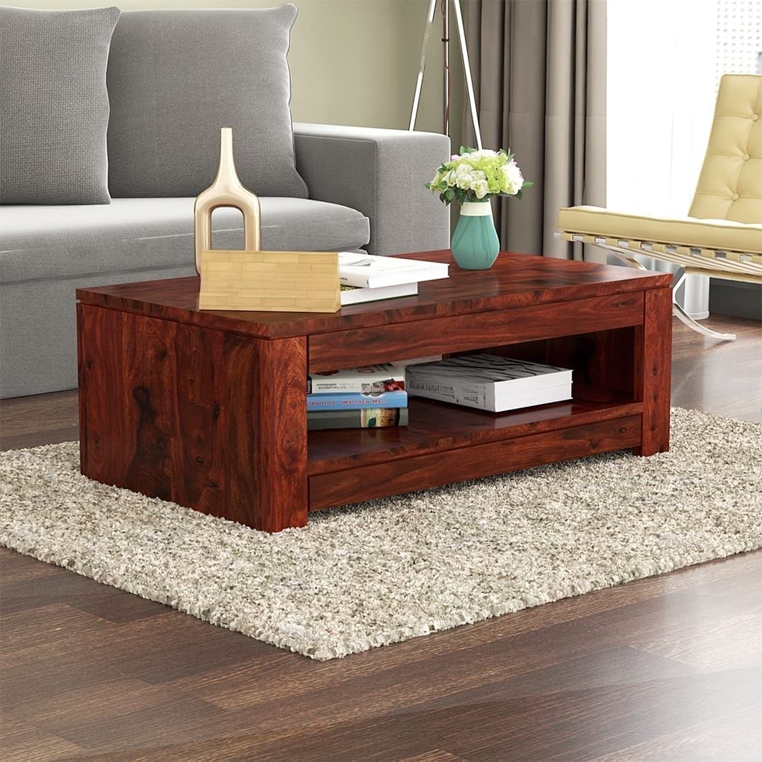 GFH Sheesham Wood Center Coffee Table for Living Room | Solid Wood Rectangle Sofa Centre Table with Open Shelf Storage for Home & Office | Rosewood, Honey Finish
