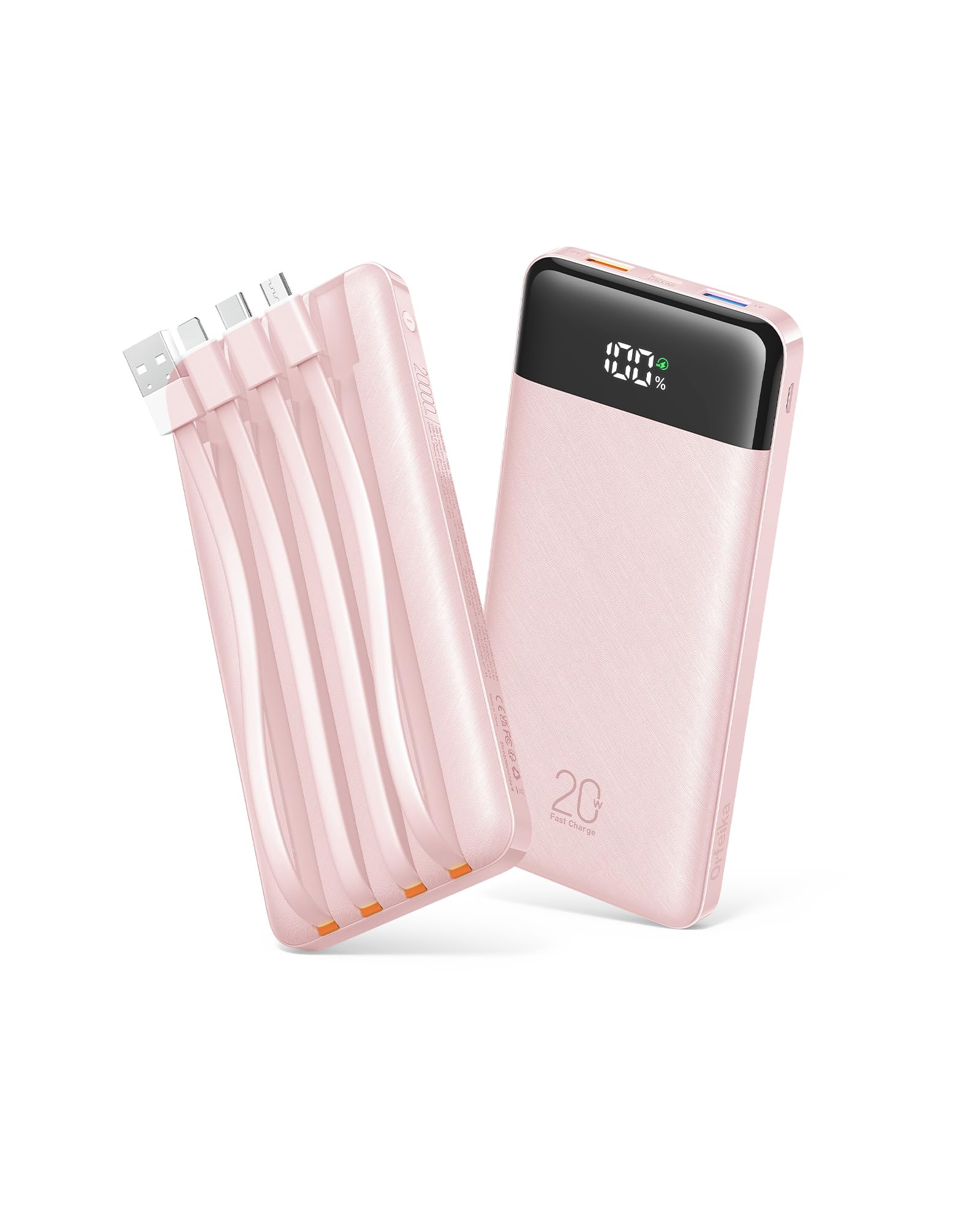 Orfeika 20000mAh Power Bank Schnellladung, tragbares Ladegerät mit 4 integrierten Kabeln & 6 Ausgängen, 20W PD USB C Akku Pack kompatibel mit iPhone 16/15, Galaxy, Android, iPad & mehr (Travel