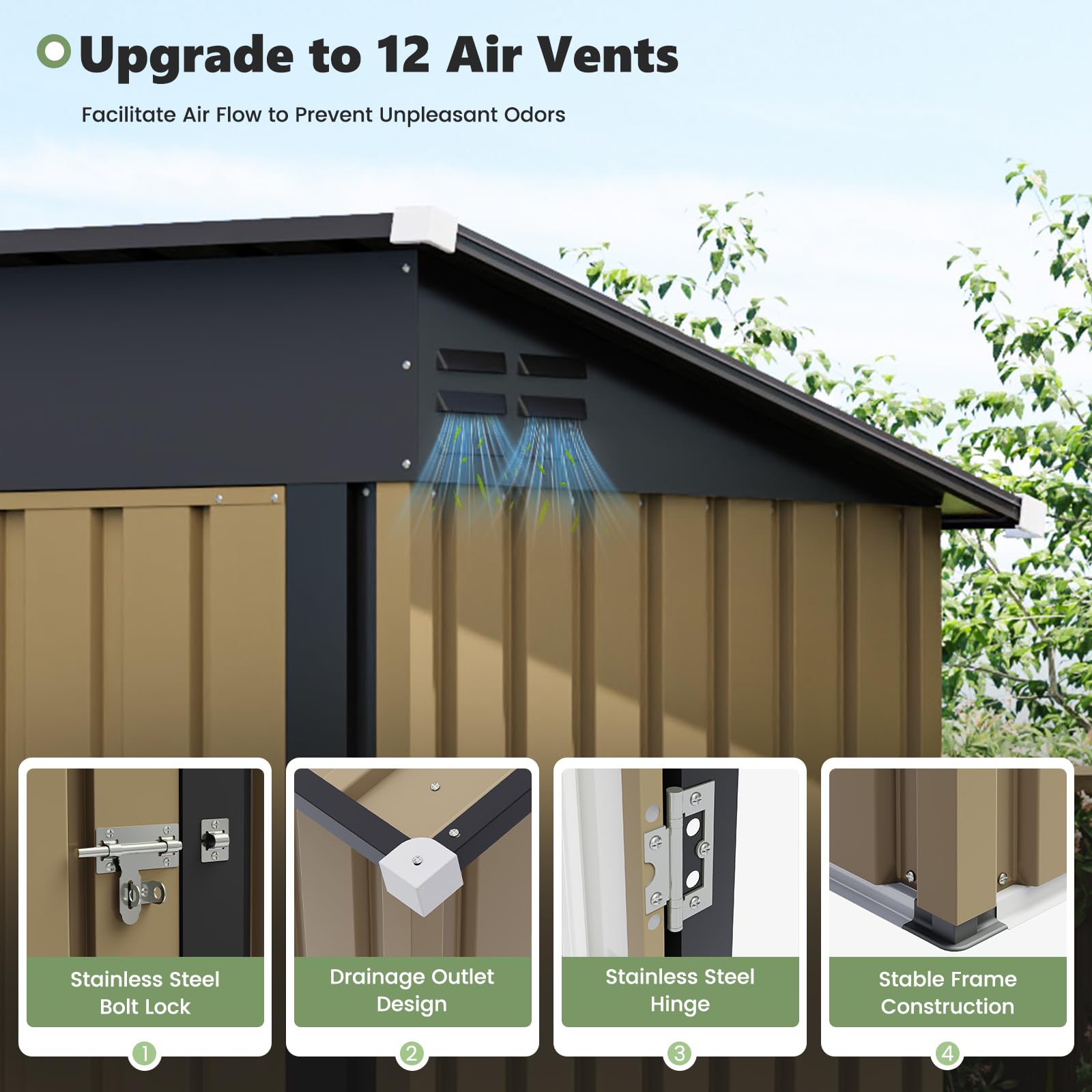 UDPATIO Abri de Jardin Métal 164x101x181 cm Cabane Extérieur Toit Incliné Serrure Rangement Outils Vélo Marron
