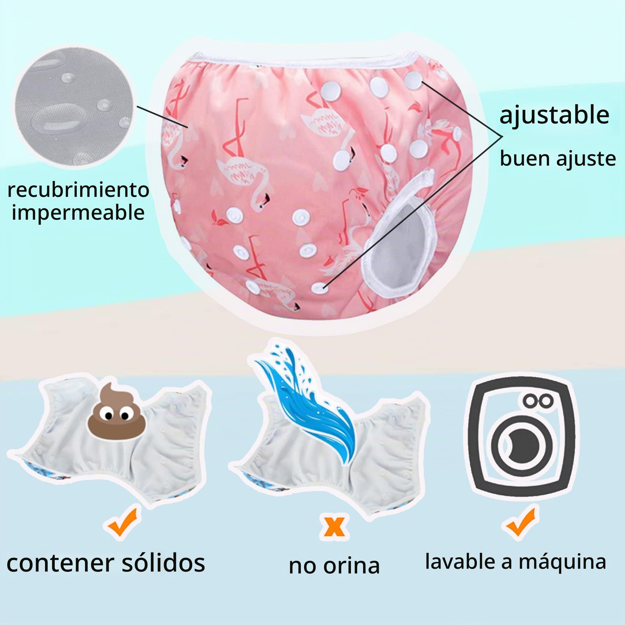Pañal de natación para bebé reutilizable ajustable lavable pantalones de natación pañales de tela impermeables talla única bañador para niños de 0 a 3 años Mariposa + Flamenco