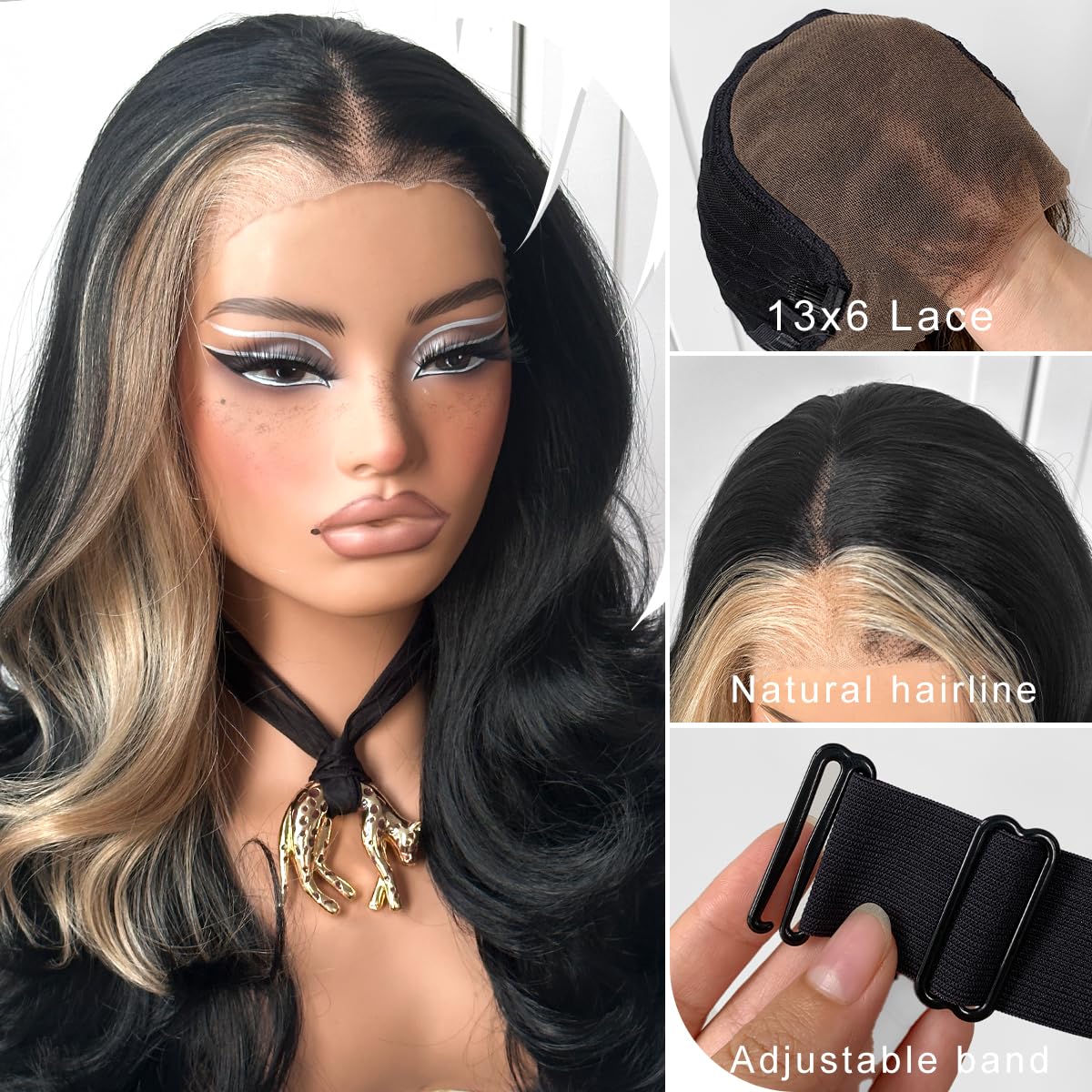 Voluminous Feather Layered Hair Flip Out Preplucked Pre Plucked Pre Cut Ready-to-Go Glueless 13x6 HD Synthetic Lace Front Wig Blonde Skunk Stripe Wig