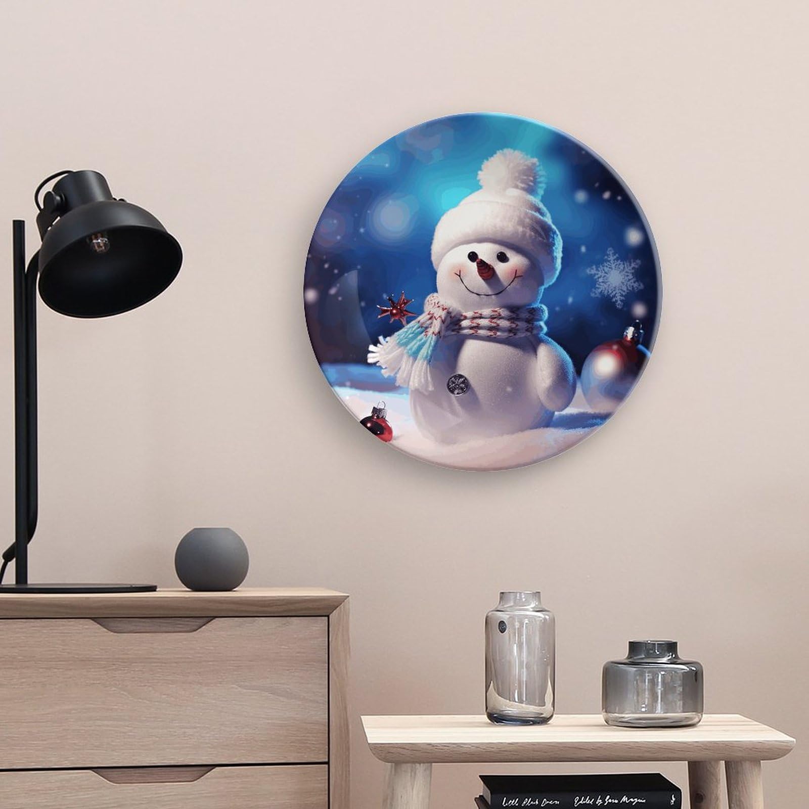 Plato de cerámica personalizado con diseño de muñeco de nieve navideño de 8 pulgadas, estilo bohemio, de porcelana china para decoración del hogar, con soporte y gancho, ideal para decorar la pared
