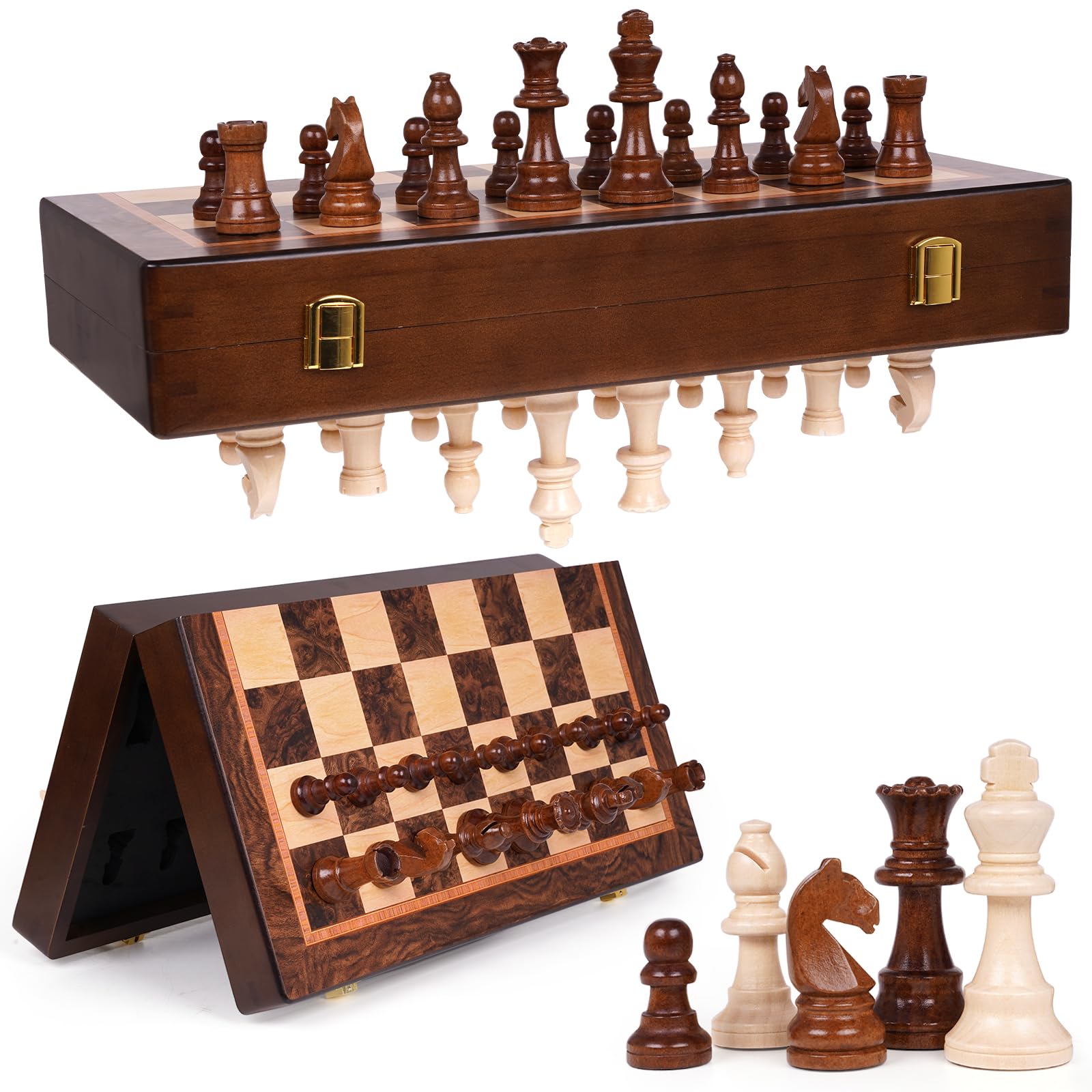 Photo 1 of 17 Inch Large Magnetic Wooden Chess Set with 3.5" King – Folding Tournament Chess Board Game with Handcrafted Wooden Pieces, Includes 2 Extra Queens, Portable Strategy Chess Set for Adults & Kids