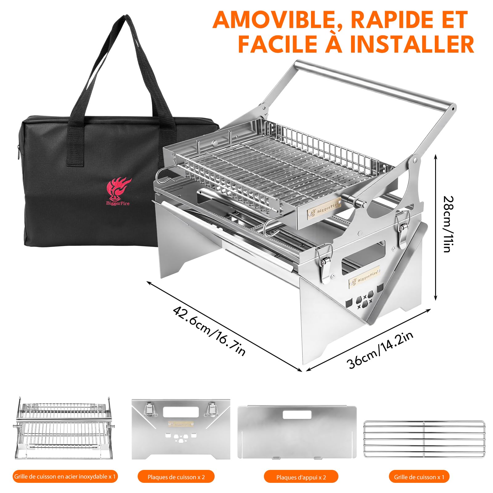 Barbecue au Gaz,Utilisation double Gaz/Charbon,Barbecue Charbon de Bois Portable avec Gril Rotatif 360°,Barbecues Pliable en Acier Inoxydable,pour Jardin, Terrasse, Pique-Nique, Camping
