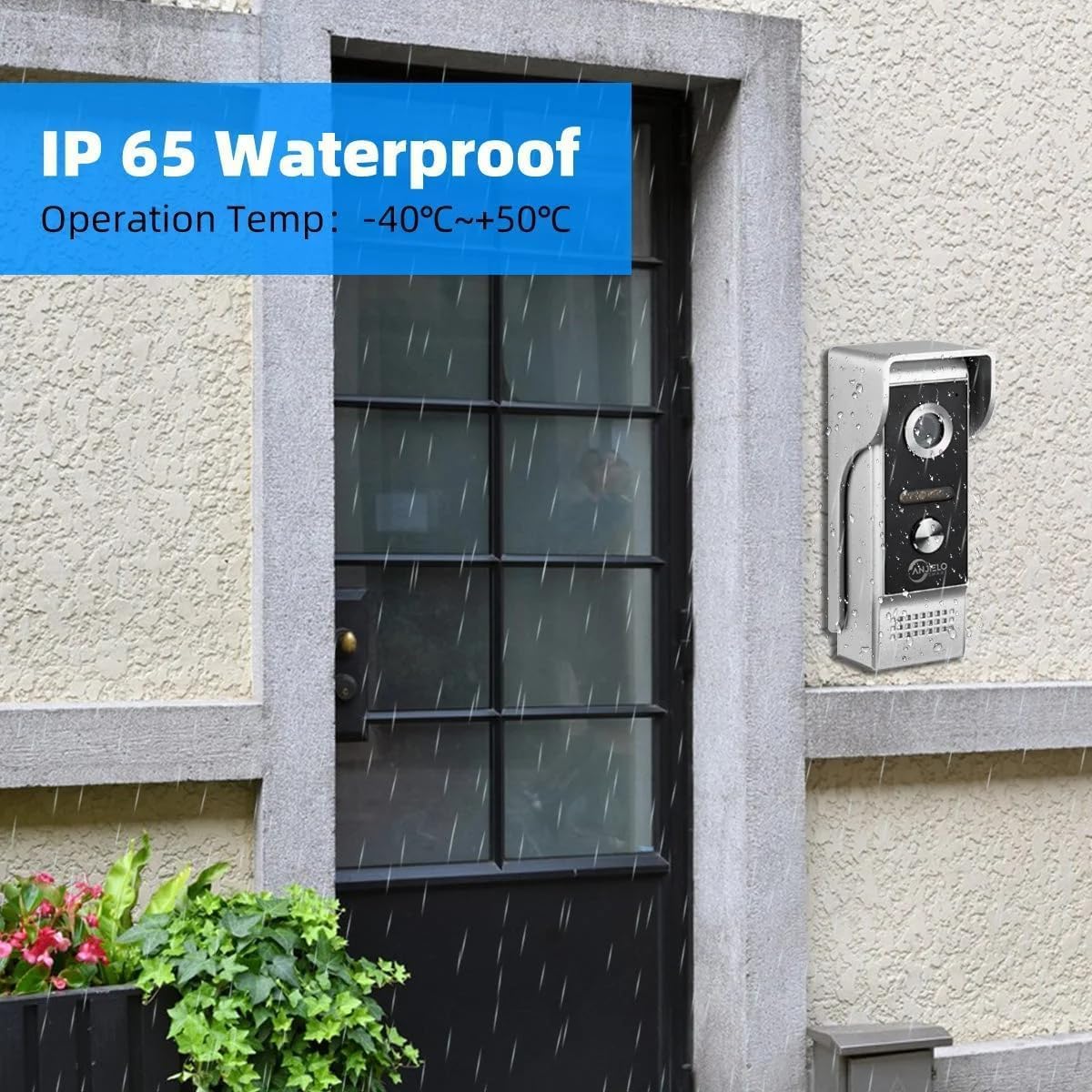 Image of the outdoor doorbell unit installed on a wall during rainfall, highlighting its IP65 waterproof rating.