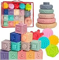 Vista 1 de SpringFlower 3 in 1 Montessori Toys for Babies 0-3-6-12 Months, Soft Baby Teething, Stacking Building Blocks for Infants, Sensory Developmental