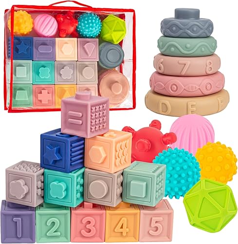 SpringFlower 3 in 1 Montessori Toys for Babies 0-3-6-12 Months, Soft Baby Teething, Stacking Building Blocks for Infants, Sensory Developmental
