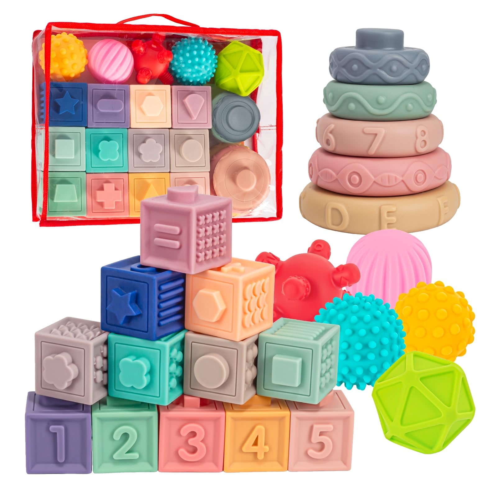 SpringFlower 3 in 1 Montessori Toys for Babies 0-3-6-12 Months, Soft Baby Teething, Stacking Building Blocks for Infants, Sensory Developmental Education Toys for Toddler Baby 12-18 Months,22 PCS