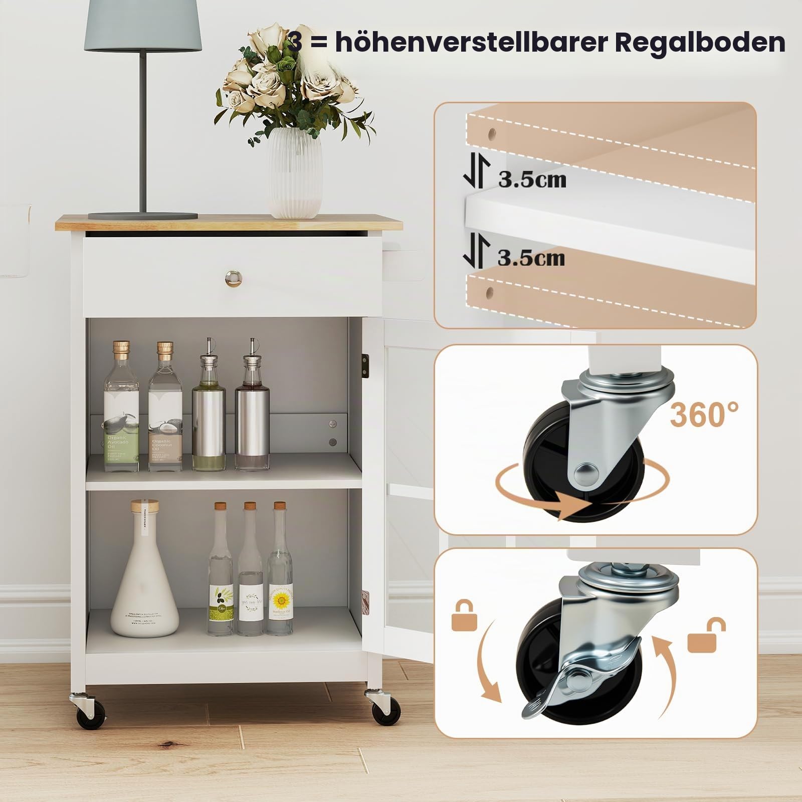 KOMFOTTEU Küchenwagen mit Rollen, Servierwagen mit Schublade, Glastür, Handtuchhalter, Gummiholzplatte, Kücheninselwagen mit Verstellbarer Ablage für Wohnzimmer, Küche