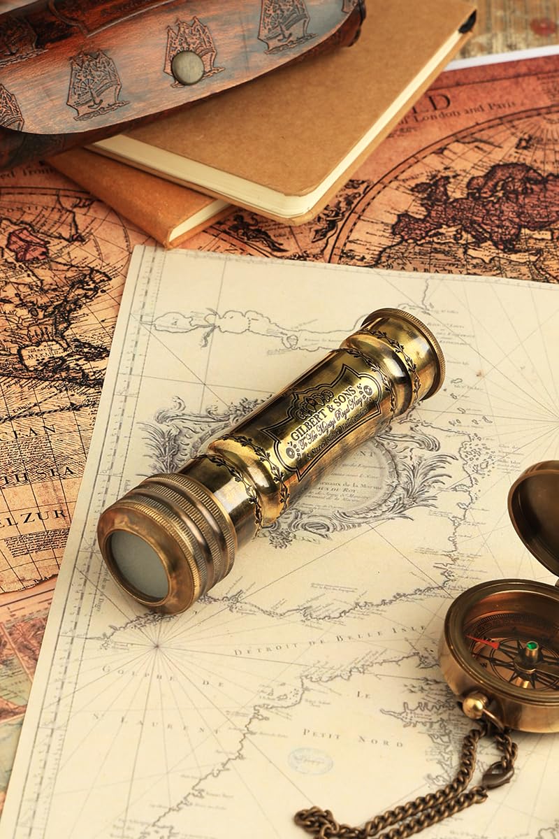 Handmade Brass Kaleidoscope with Leather Case - Vintage Look - Antique Finish - Nautical for Friends Family and Children - 3D Mirror Lens