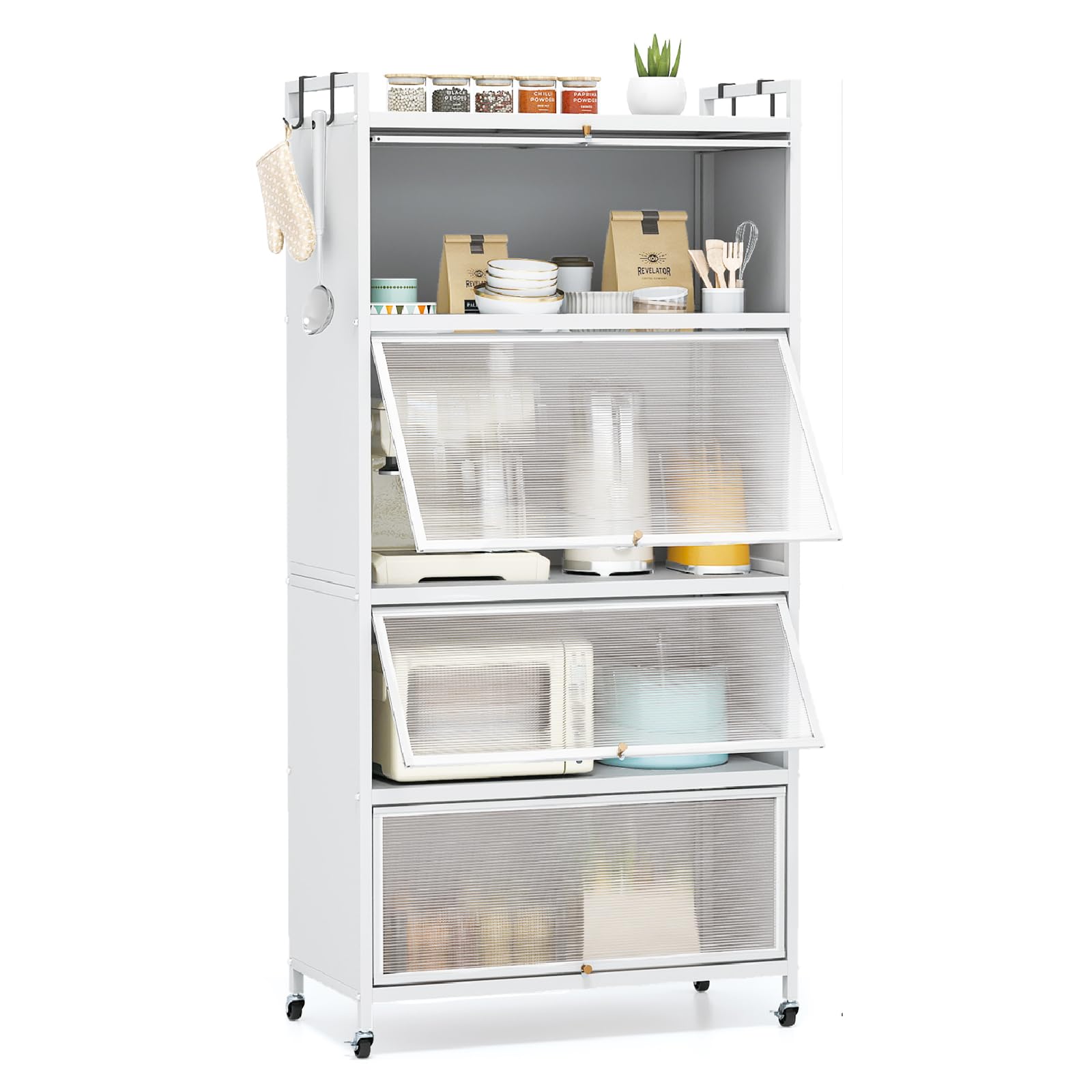 GiantexUK Kitchen Storage Cabinet, Rolling Pantry Cupboard with Flip-Up Doors & Wheels, Freestanding Bakers Rack Metal Storage Shelf for Living Dining Room (White)