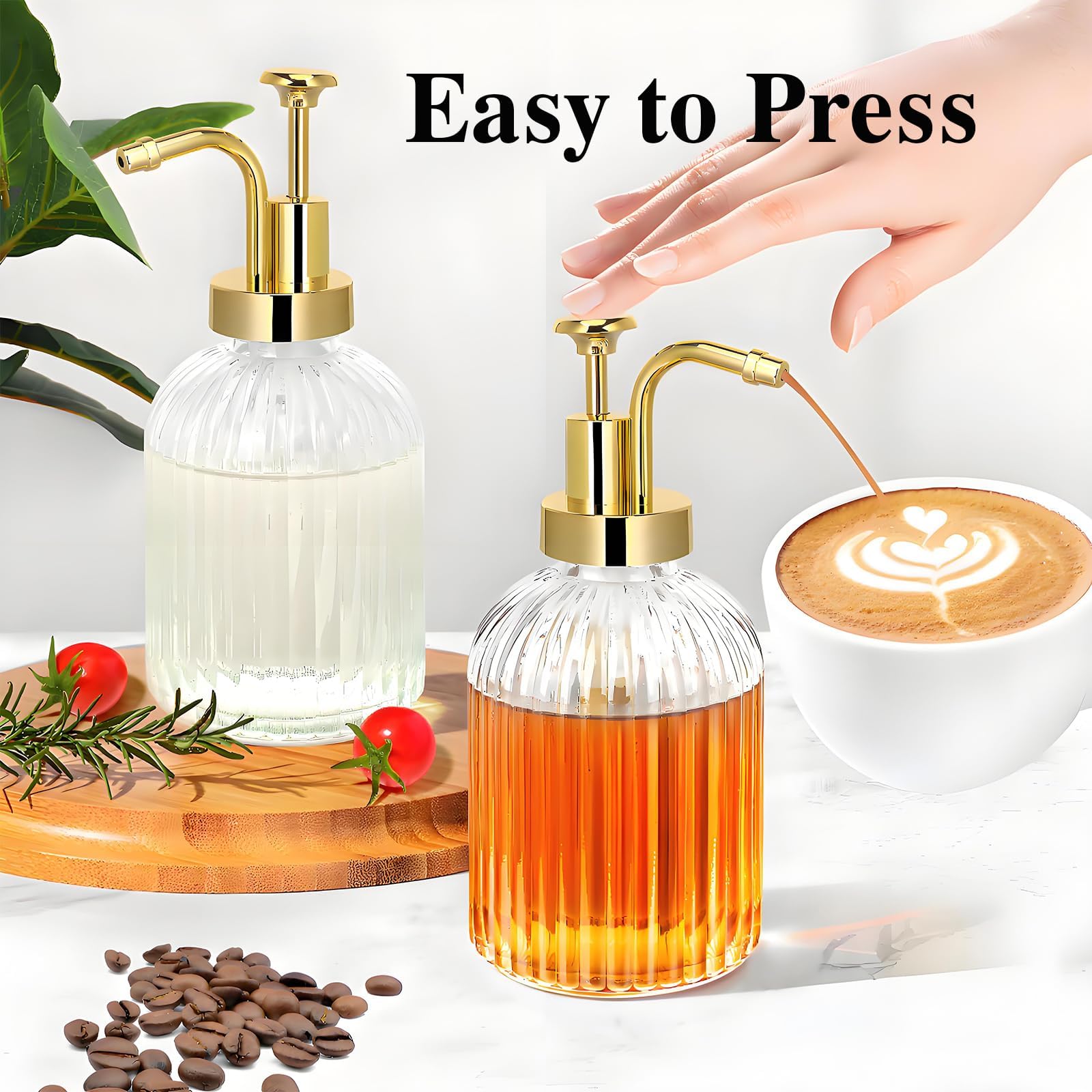 Dispenser per sciroppi da caffè, erogatore di sciroppo, con pompa d'oro, bottiglia di sciroppo, in vetro, per sciroppo di caffè, miele e sciroppo, accessori per caffè bar e casa, 10 oz 300 ml