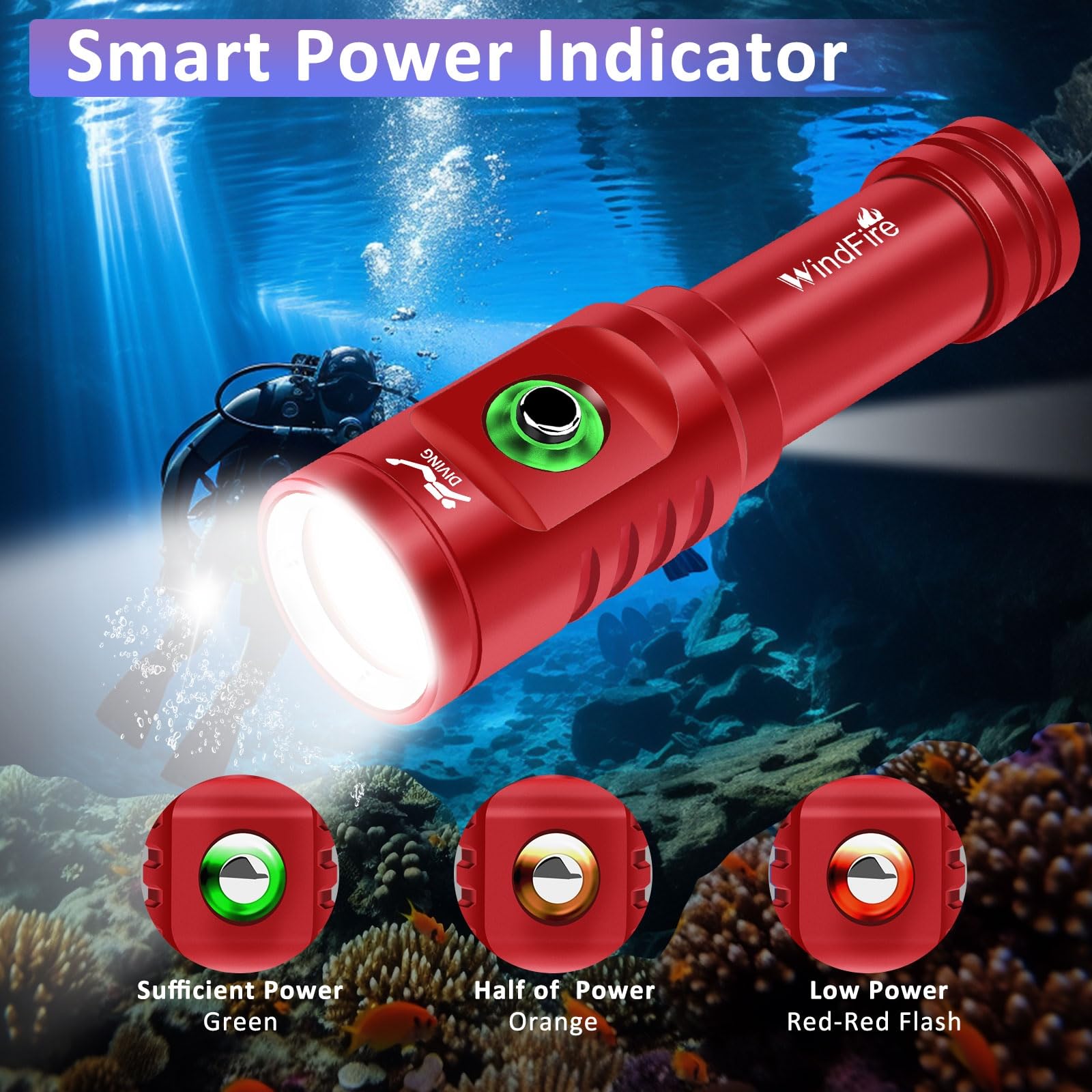 WINDFIRE TS08 Lampe de plongée lumineuse avec indicateur d'alimentation, étanchéité IPX8, faisceau à angle étroit, 3 modes d'éclairage pour plongée sous-marine, spéléologie, exploration sous-marine