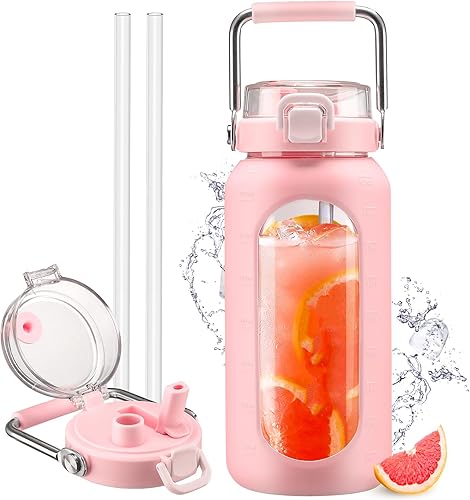 Botella de agua de vidrio de 64 onzas, botella de agua potable de vidrio con popote y mango de acero inoxidable, botella de agua motivacional de