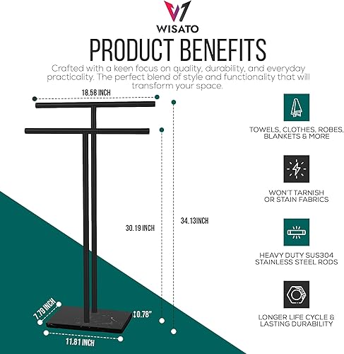 Miniatura 3 de Toallero independiente para baño - Acabado negro mate - Toallero de acero inoxidable de 2 niveles para piso de baño con base de mármol pesado -