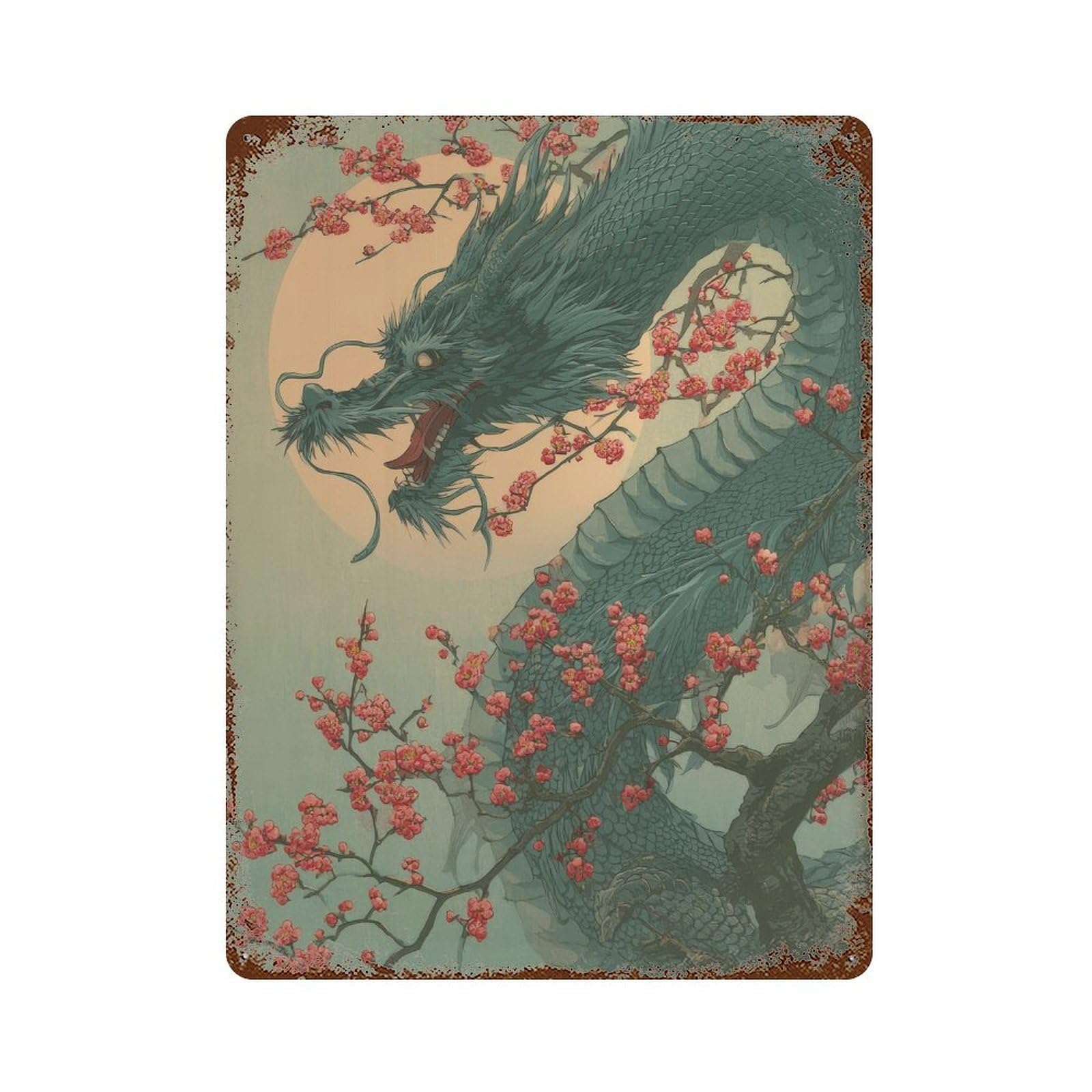 xiaoxiaoshen Japanese Dragon Japan Oriental Traditional Woodblock Style. Zen Nature Home Decor Wall Decor Art Metal Tin Poster Modern Home Decor Art Home Bar Shop Decorations Vintage Sign 40x30cm