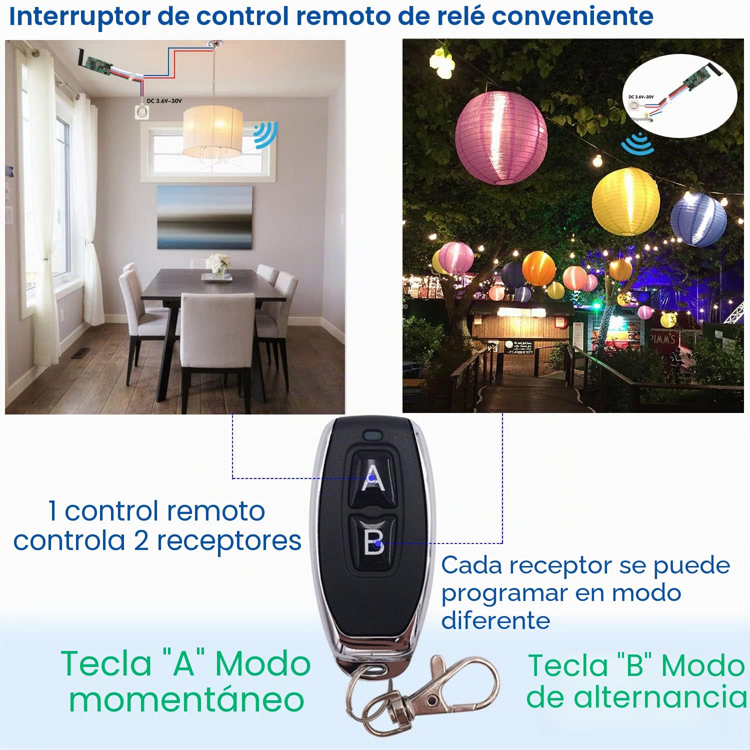 DieseRC 2 Módulos Receptores con 2 Transmisores Interruptor de Control Remoto Inalámbrico DC 3.6V 5V 12V 24V 30V 2A 1 Canal 433Mhz Mando a Distancia por Radio Controlador de Tamaño mini Pequeño