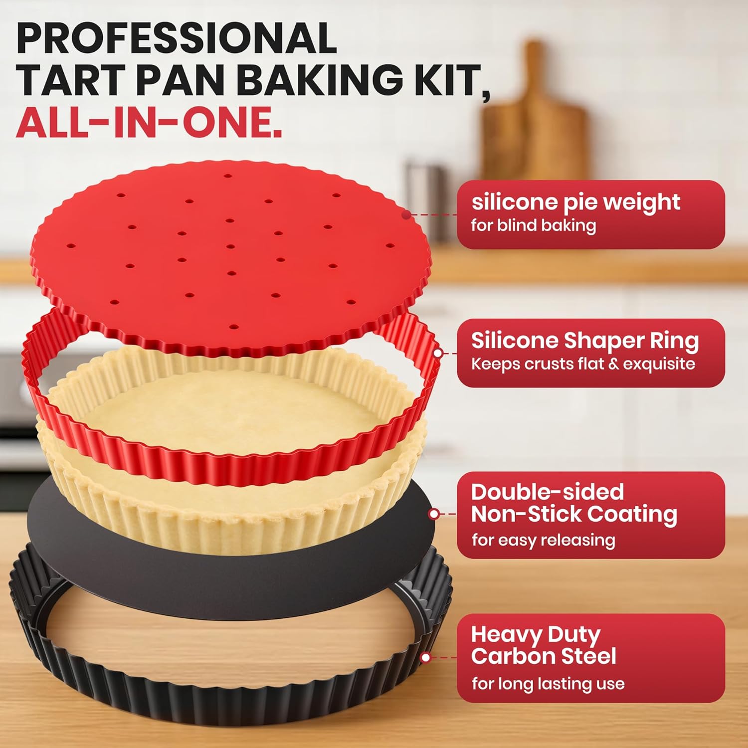 Tart Pan Kit,9 Inch Tart Pans with Removable Bottom,Non-stick Fluted Quiche Pan with Silicone Crust Shaper,Pie Weights,Brush,Sponges,Quiche Baking Dish Tart Molds For Baking Fruit Tarts,Pies & Quiches