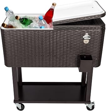 80 Quart Qt Rolling Cooler Ice Chest Cart for Outdoor Patio Deck Party, Wicker Pattern Beverage Rolling Cooler on Wheels, Rolling Ice Chest with Shelf and Bottle Opener, Brown