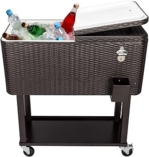Henf 80 Quart Rolling Cooling Bins Ice Chest on Wheels, Outdoor Stand Up Drink Cooler Cart Wicker Rattan Drink Beverage Bar Cart with Shelf and Bottle Opener for Backyard Patio Deck Party