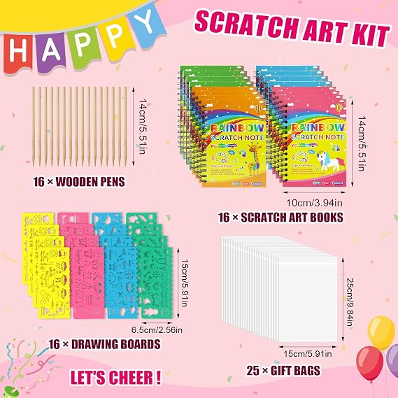 Scratch Art, Rainbow Scratch Paper, Scratch Art Party Bag Fillers, Scrape it Off Paper Crafts Notes, Arts and Crafts Kits for Doodles, DIY Paintings(16 Pack)