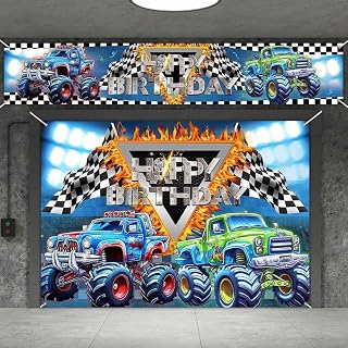 Truck Themed Birthday Decorations, Monster Boys Happy Birthday Party Backdrop Banner Burning Flame Racing Car Photography Background Kids Birthday Photo Booth Props