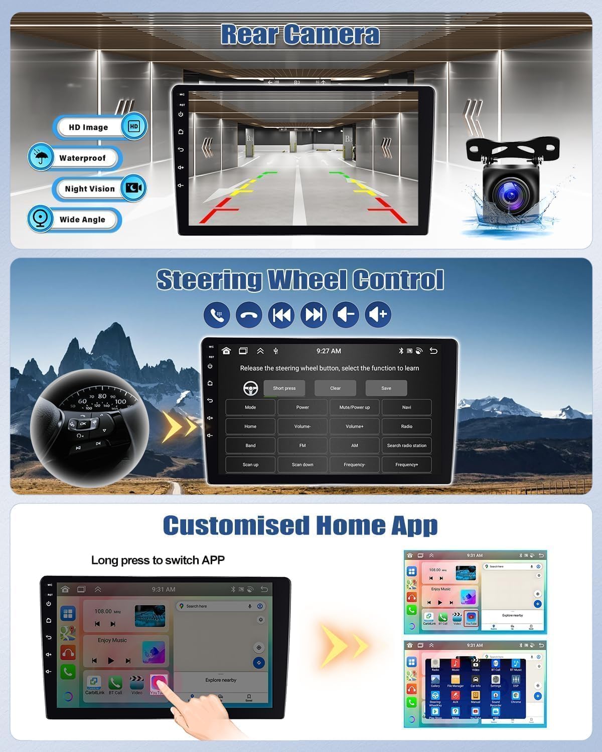 Screenshots showing rear camera view, steering wheel control learning interface, and customizable home app screen.