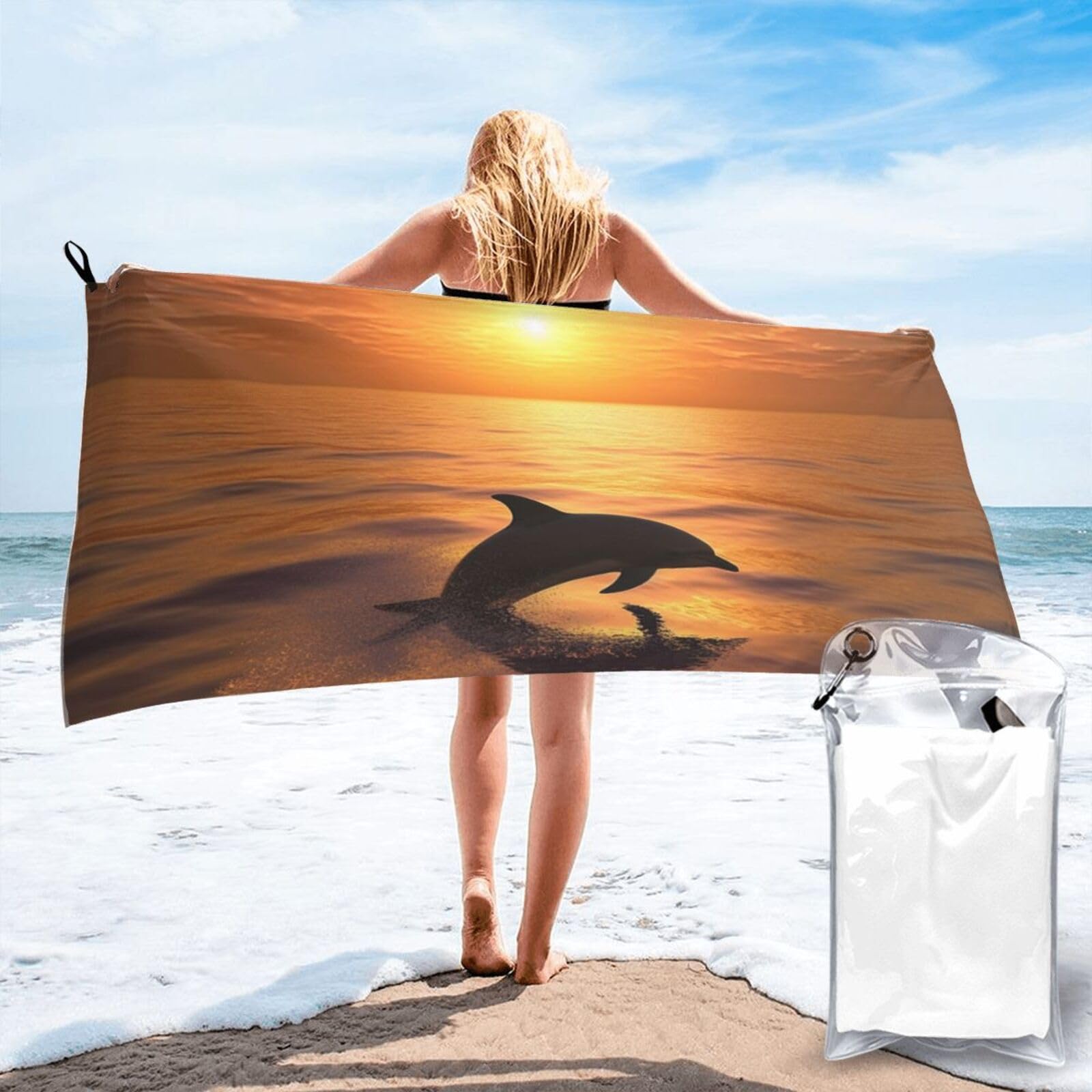 DWVTSLH Microfiber Sand Free Beach Towel 31.5"x63", Quick Dry Absorbent Travel Towel Large Camping Blanket, Dolphin and Sunset Bath Towels Lightweight Pool Swim Towels for Vacation Essentials