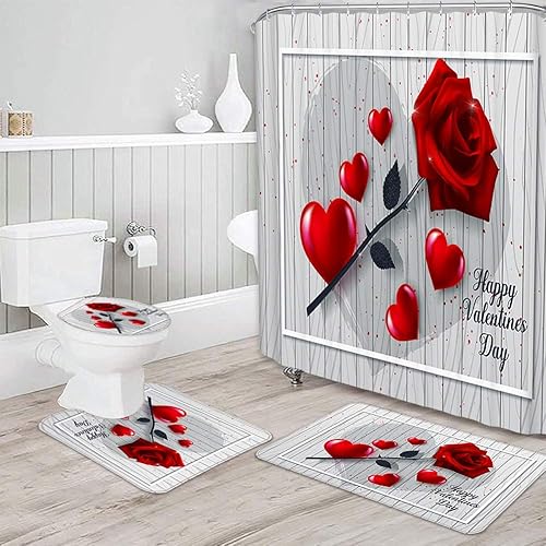 Miniatura 4 de Ochine Juego de cortinas de ducha para el día de San Valentín, cortina de ducha romántica con corazón de amor para decoración de baño, juego de