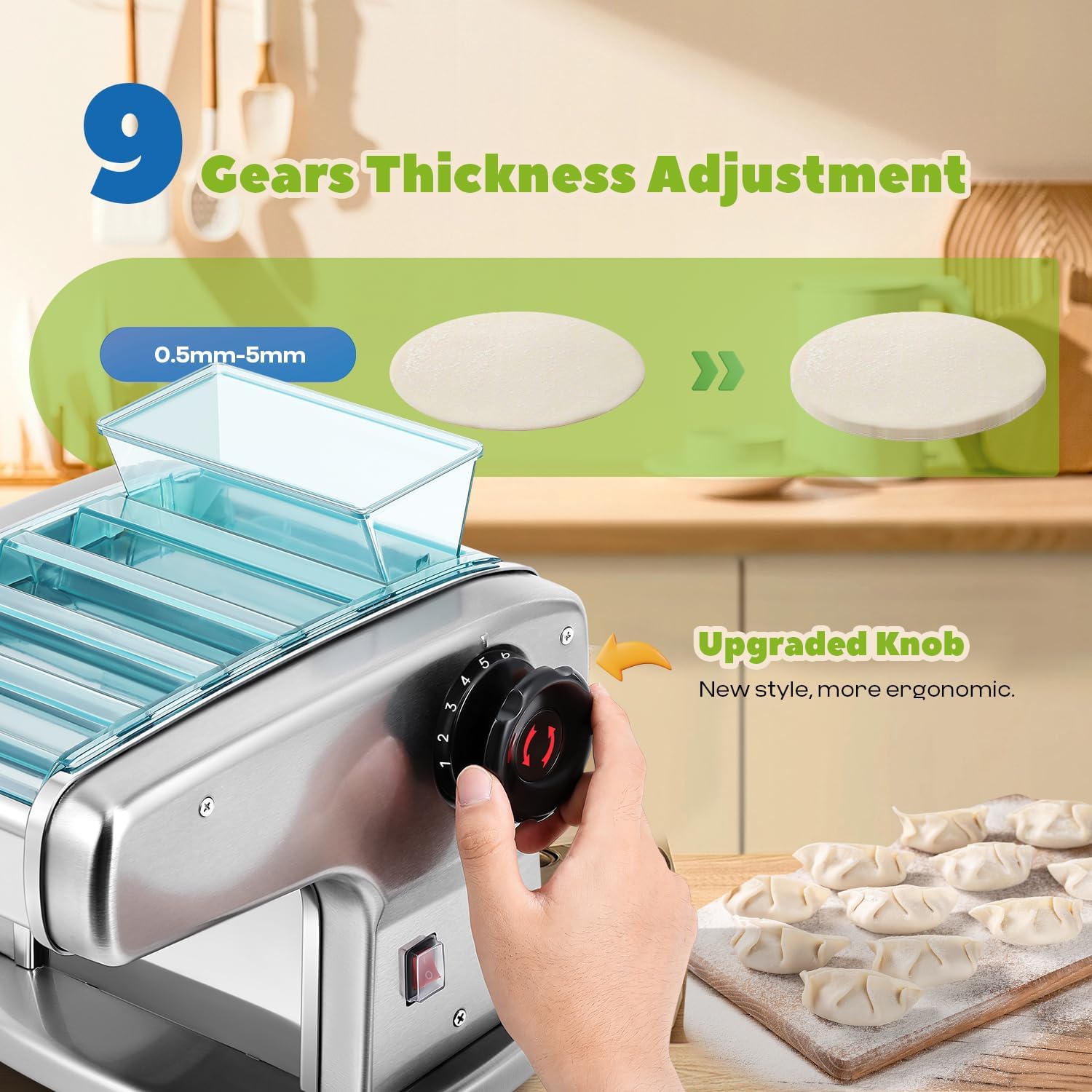 Electric Pasta Maker Automatic Noodle Machine Fresh Pasta Dough Roller Stainless Steel(2 Blades for 2.5mm Round&4mm Flat Noodle,9 Thickness Settings 0.5mm-5mm,Family Use, Output 10LBS/H,135W)